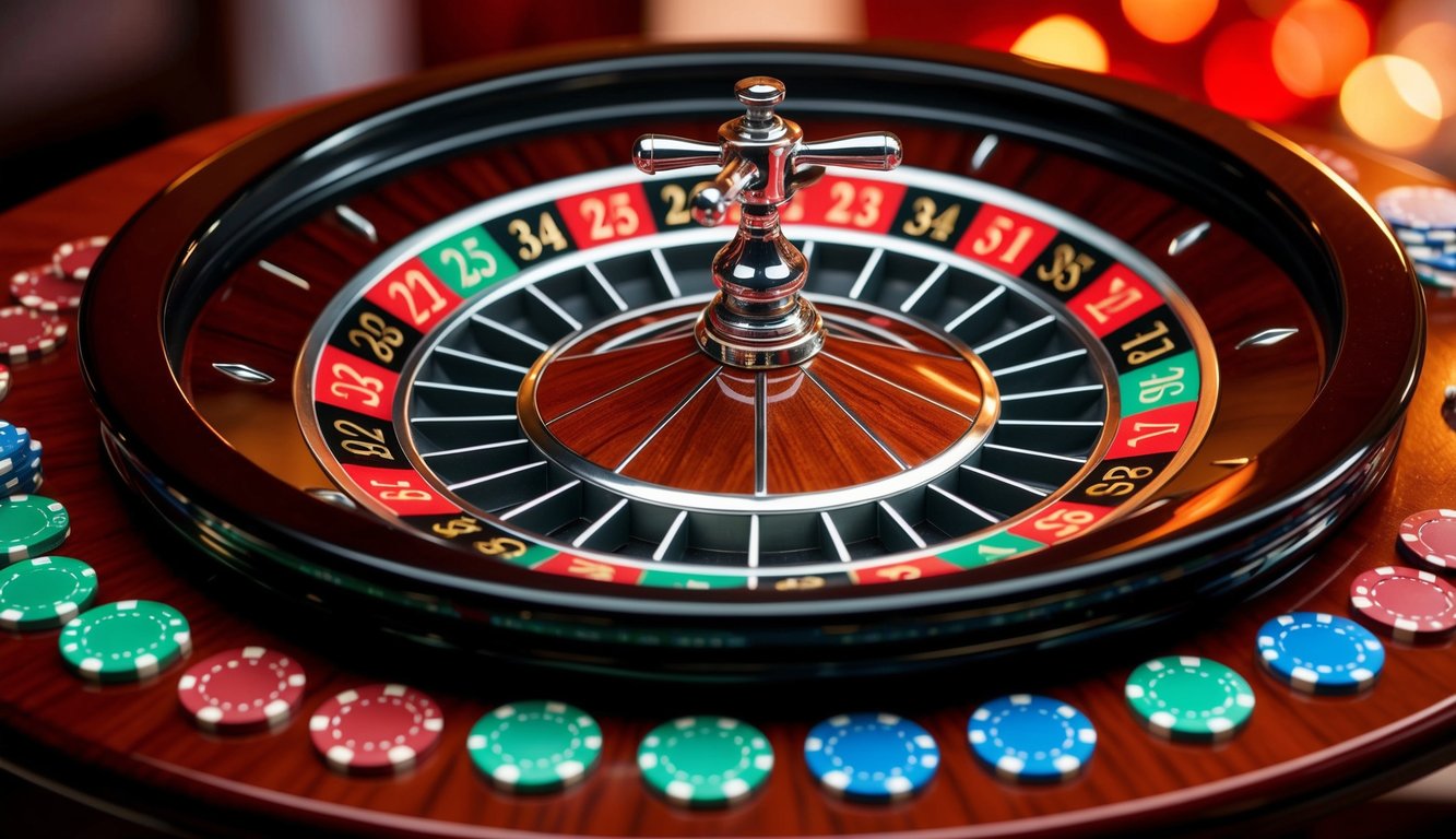 Roda roulette yang berputar dengan chip berwarna-warni yang diletakkan di meja taruhan