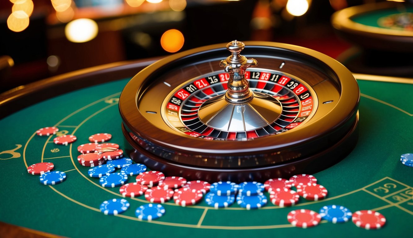 Roda roulette berputar dengan chip berwarna-warni tersebar di atas meja