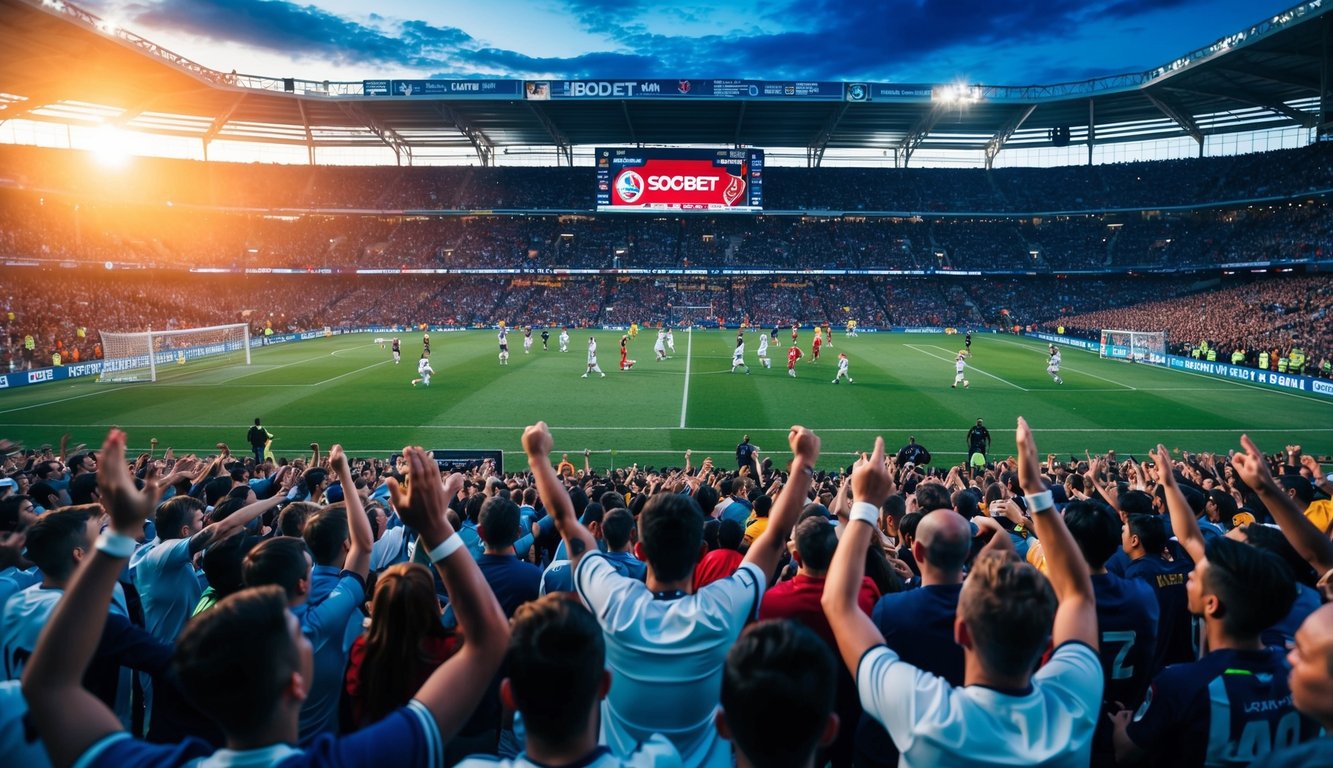 Sebuah stadion sepak bola yang ramai dengan penggemar bersorak, pemain di lapangan, dan papan skor yang menampilkan platform taruhan online Sbobet