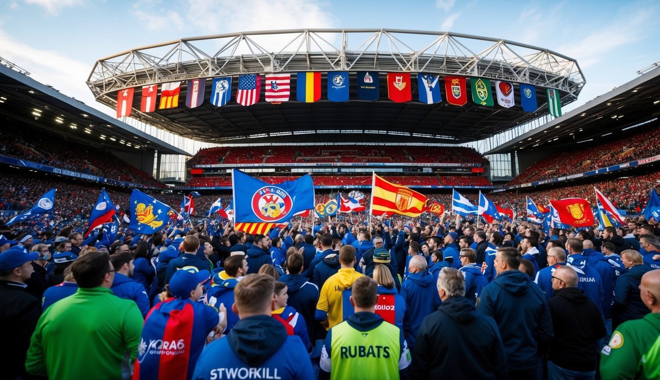 Sebuah stadion yang ramai dengan bendera dari liga-liga dunia utama, dikelilingi oleh penggemar yang antusias