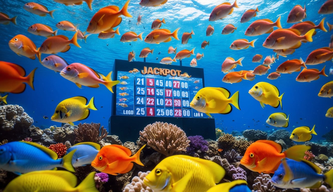 Dunia bawah laut yang hidup dengan ikan berwarna-warni dan hadiah jackpot besar yang ditampilkan dengan jelas