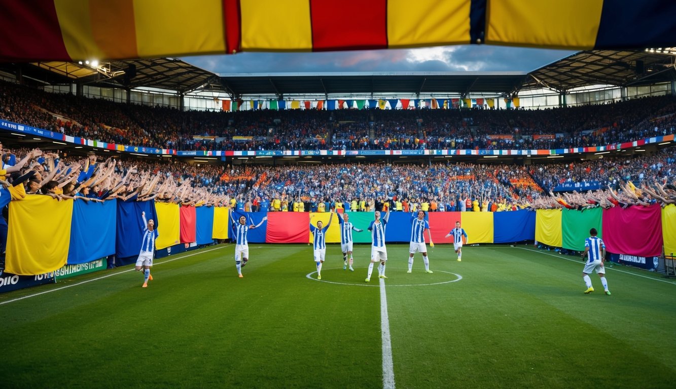 Sebuah stadion sepak bola yang ramai dengan penggemar yang bersorak dan pemain di lapangan, dikelilingi oleh spanduk dan bendera berwarna-warni