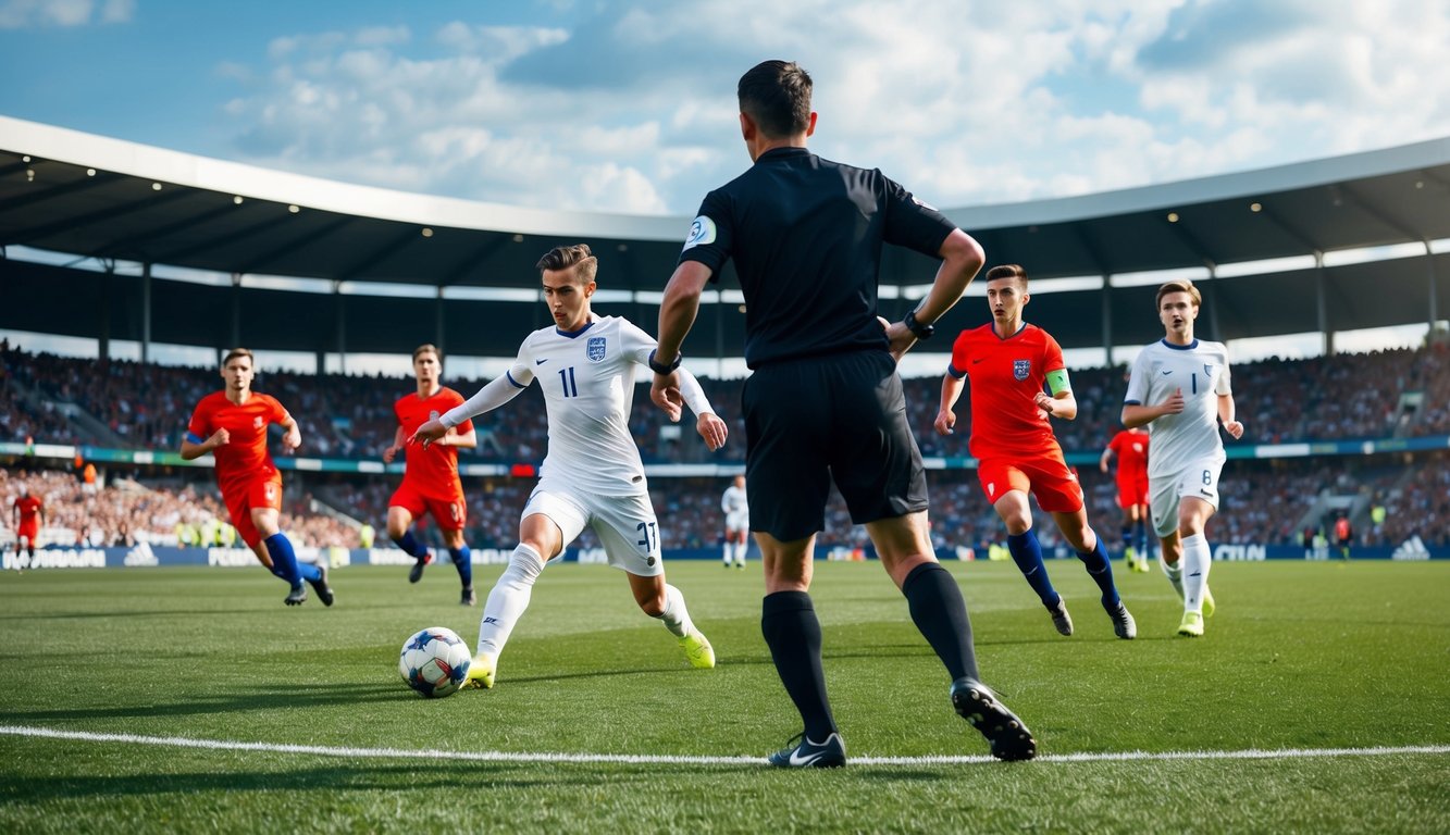 Sebuah lapangan sepak bola dengan pemain yang sedang beraksi, seorang wasit, dan penggemar yang bersorak di tribun