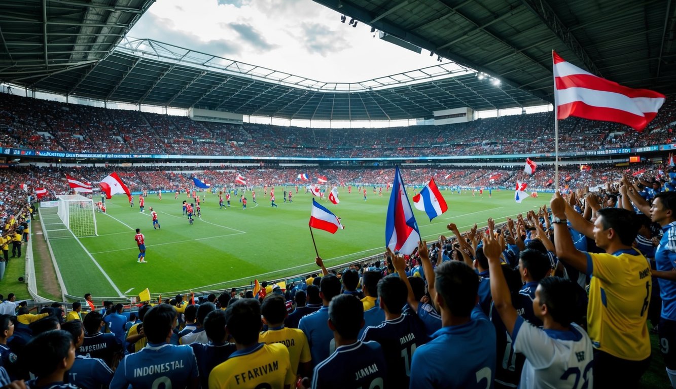 Sebuah stadion sepak bola yang ramai di Indonesia, dengan para penggemar melambaikan bendera dan bersorak untuk tim mereka