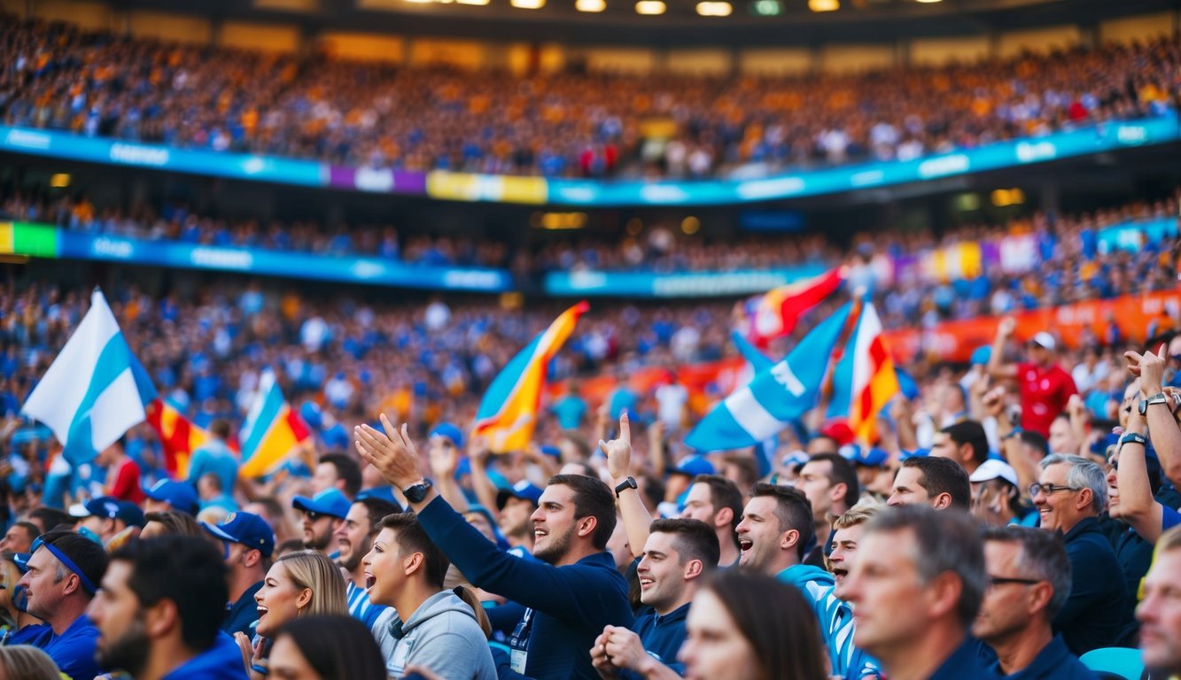 Sebuah stadion yang penuh sesak dengan penggemar yang bersorak dan spanduk berwarna-warni