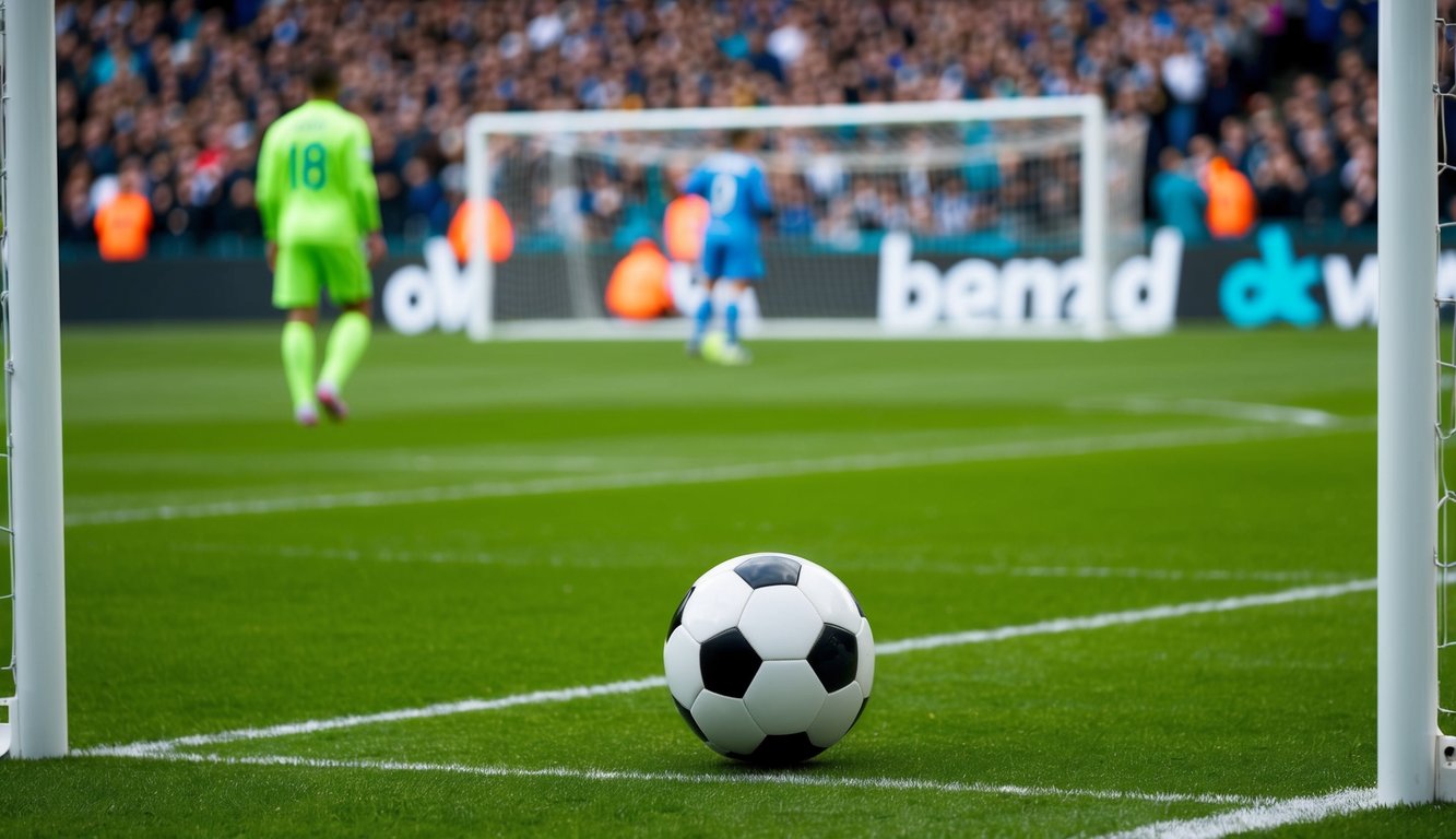 Sebuah bola sepak di lapangan hijau dengan tiang gawang dan kerumunan di latar belakang