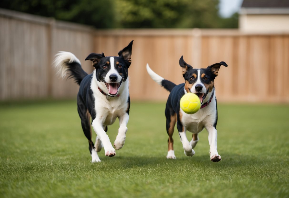 Two dogs playing in a spacious backyard, one chasing the other with a ball in its mouth. Both dogs have wagging tails and are full of energy