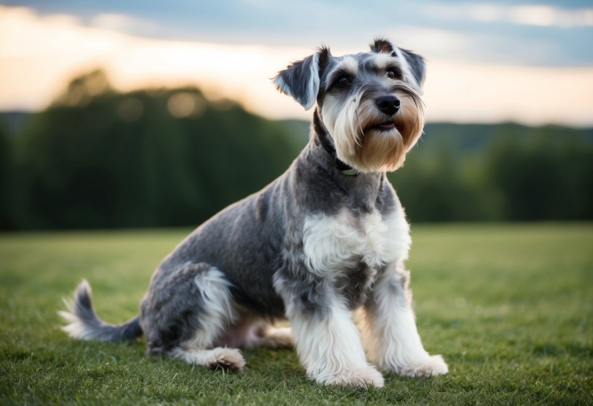 A fluffy, gray Schnauzer with floppy ears and a wagging tail sits on a patch of grass, looking up at the sky with a content expression