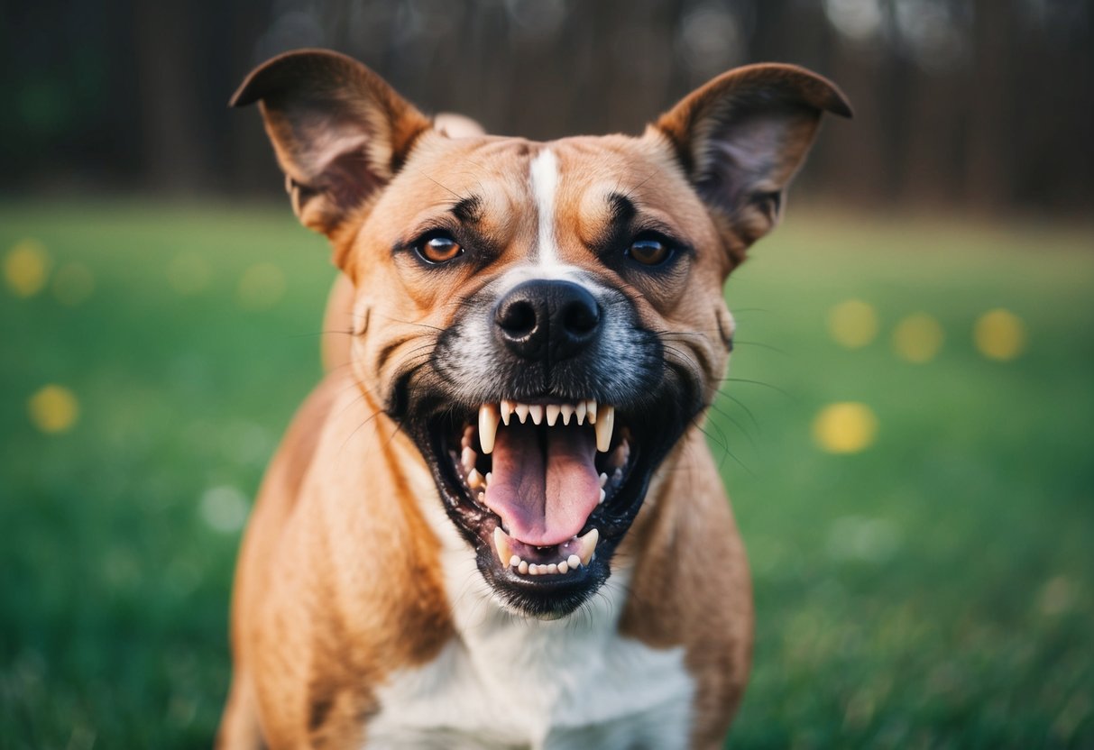 A snarling dog bares its teeth, ears pinned back, and eyes narrowed, standing defensively with raised hackles