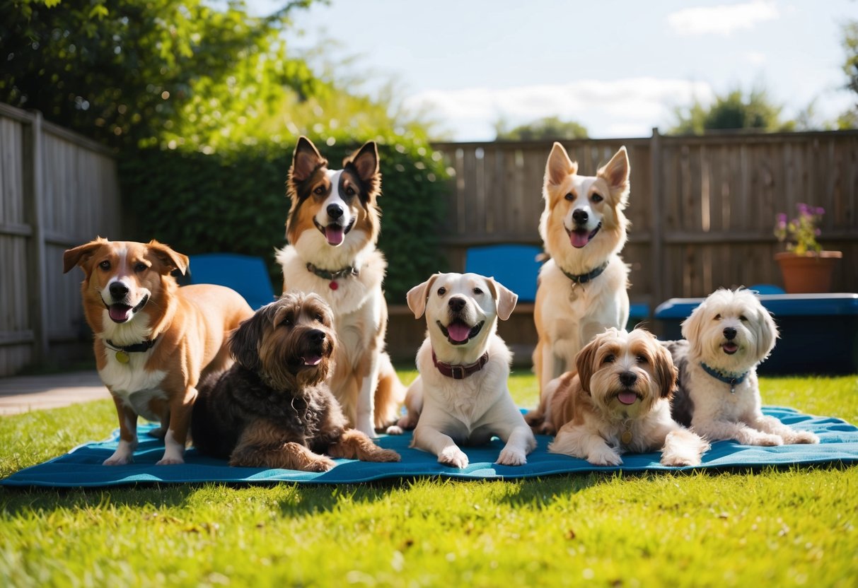 A group of dogs from the 90s, varying in breed and size, playing and lounging in a sunny backyard