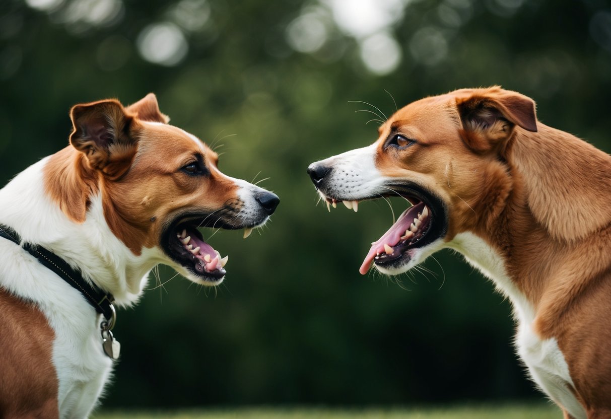 Two dogs facing each other, one showing aggressive body language with raised hackles and bared teeth, while the other cowers slightly