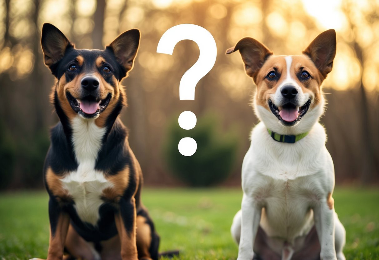 Two dogs sit side by side, one with a hopeful gaze, the other with a playful stance. A question mark hovers above them, symbolizing the uncertainty of choosing between one or two dogs for adoption