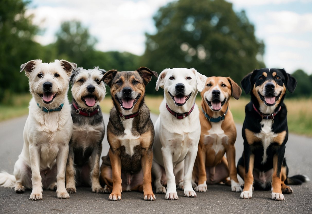 A group of elderly dogs from the 90s gather together, some with gray muzzles and slow movements, but all still enjoying life