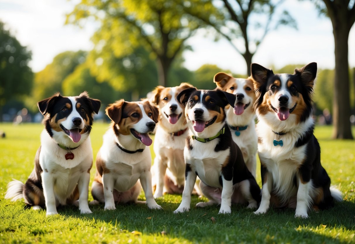 A group of iconic 90s dogs, such as Wishbone and Comet, are gathered in a park, playing and enjoying the sunshine