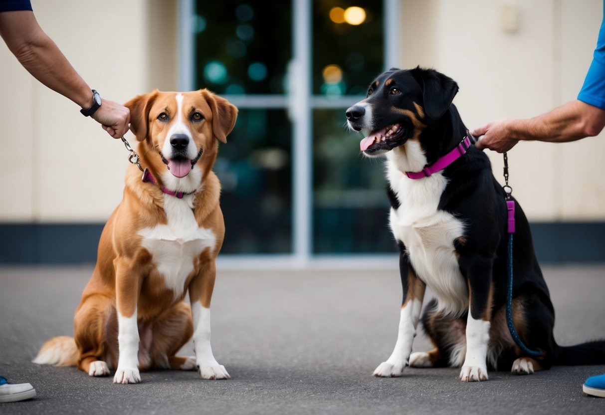 Two dogs sitting side by side, one obediently following commands while the other seems distracted, showcasing the challenges of training multiple dogs simultaneously