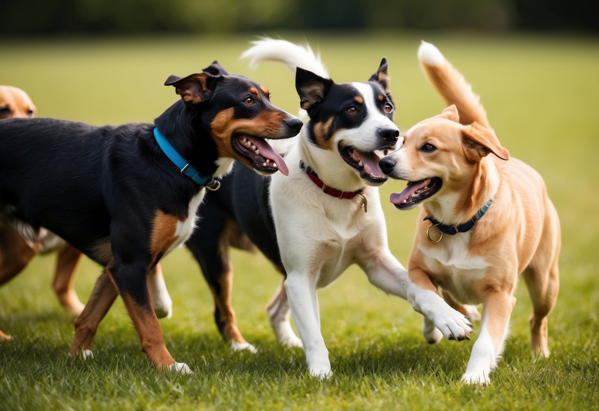 A group of dogs engage in playful activities, showing non-aggressive behavior