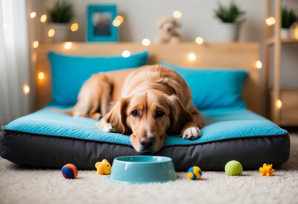 A senior dog resting on a cozy bed, surrounded by toys and a bowl of water