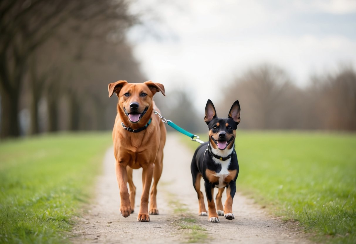 Two dogs on a leash, walking side by side on a grassy path. One dog is medium-sized and the other is small. They both have wagging tails and alert expressions