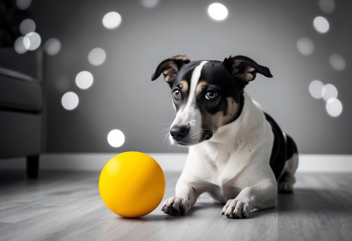 A dog with a puzzled expression, looking at a colorful ball in a grayscale room