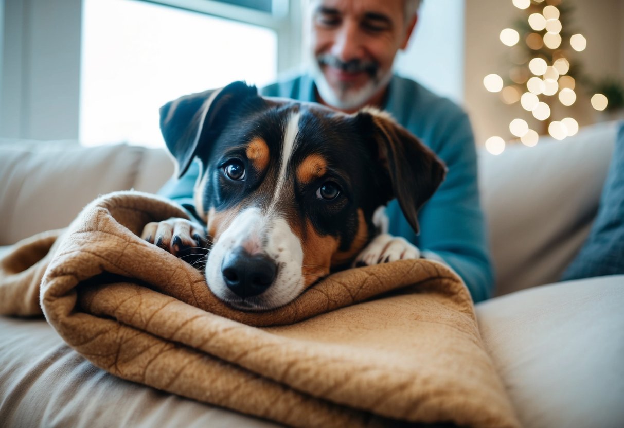 A boy dog nuzzles into a cozy blanket, gazing affectionately at his owner