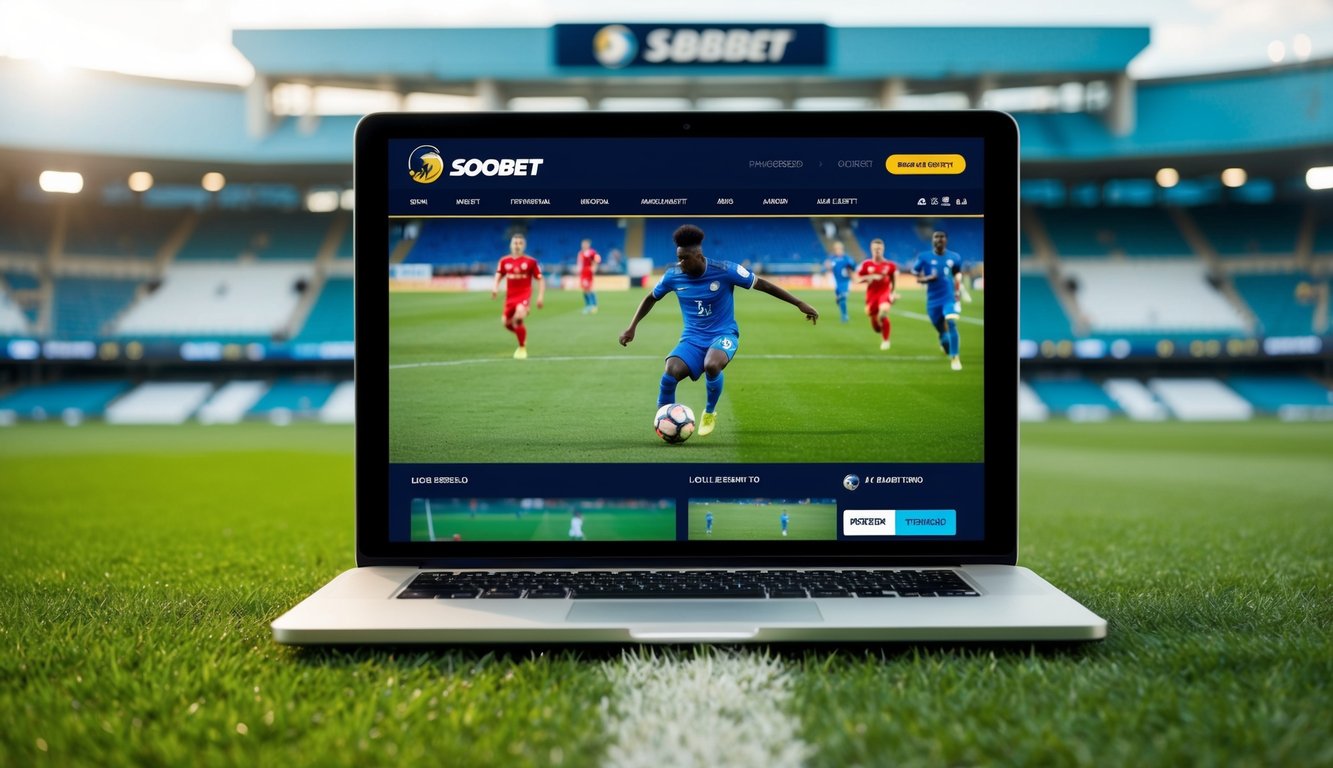 Sebuah lapangan sepak bola dengan siaran langsung pertandingan di situs web Sbobet