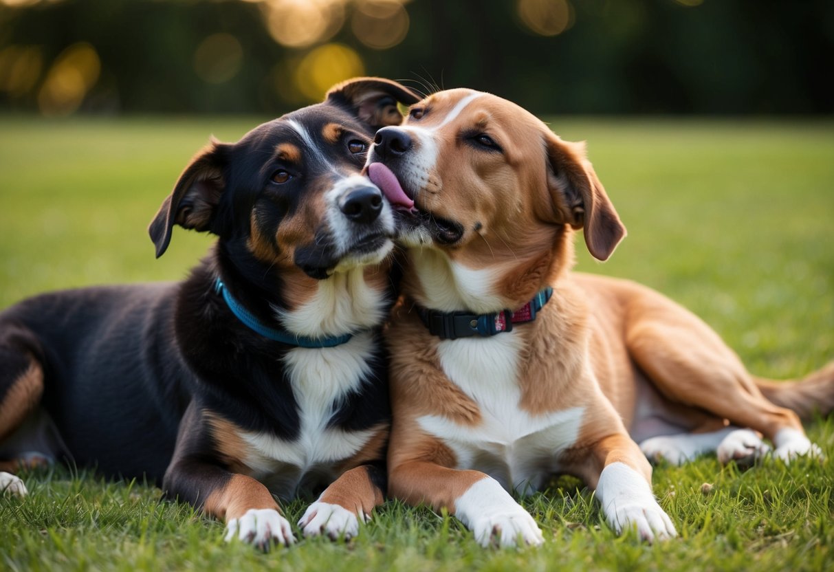 Two boy dogs lying close together, one resting his head on the other's back, while the other licks his friend's ear affectionately