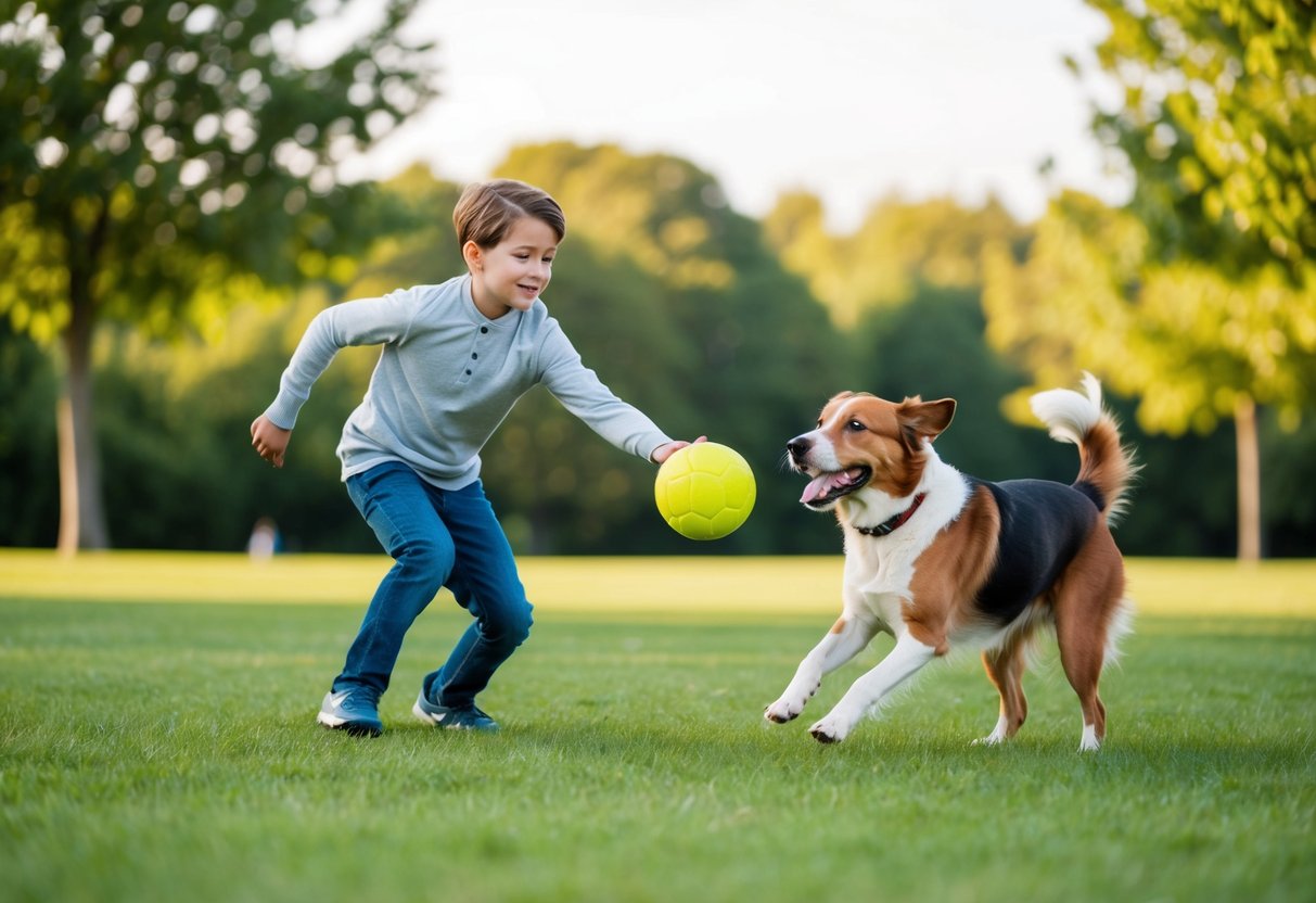 A 12-year-old playing fetch with a happy dog in a grassy park