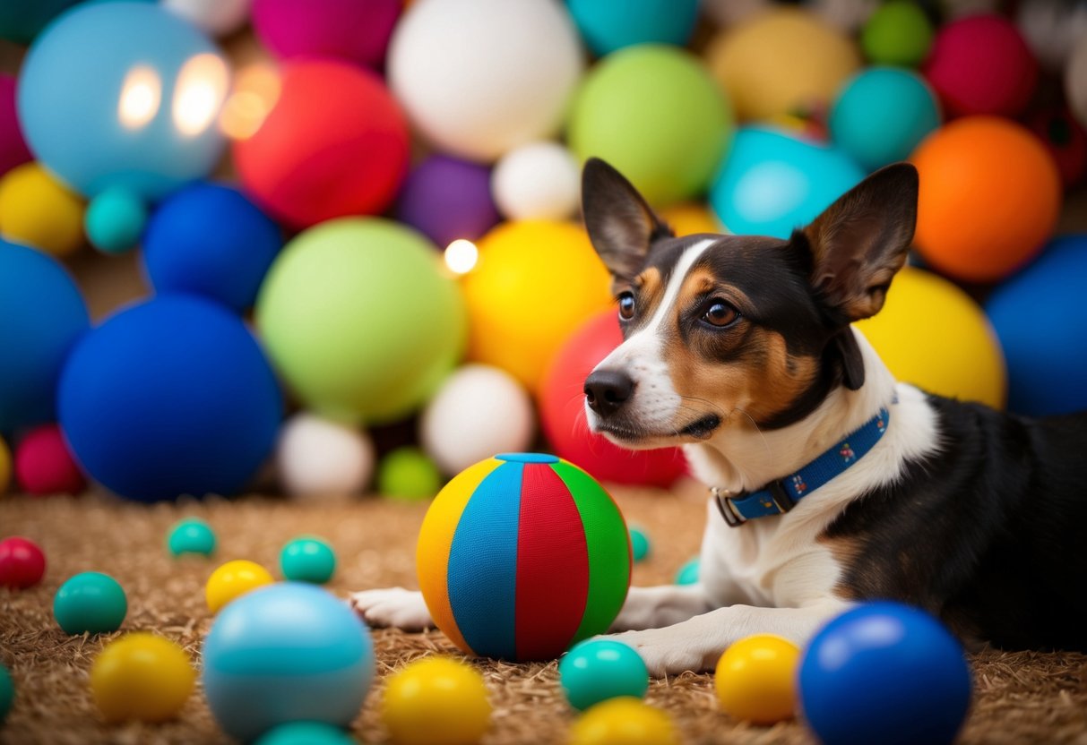 A dog looking at a colorful ball surrounded by various objects in different colors