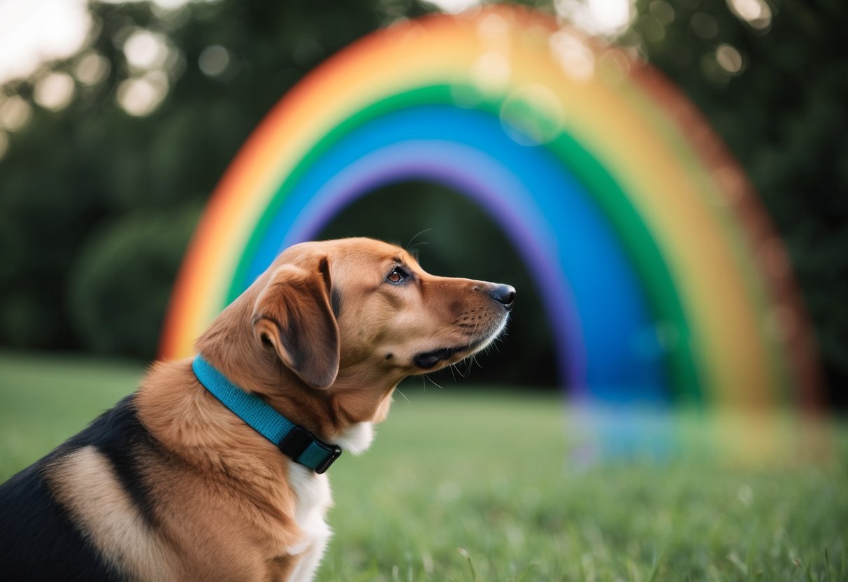 A dog staring at a colorful rainbow, unable to distinguish any of the vibrant hues