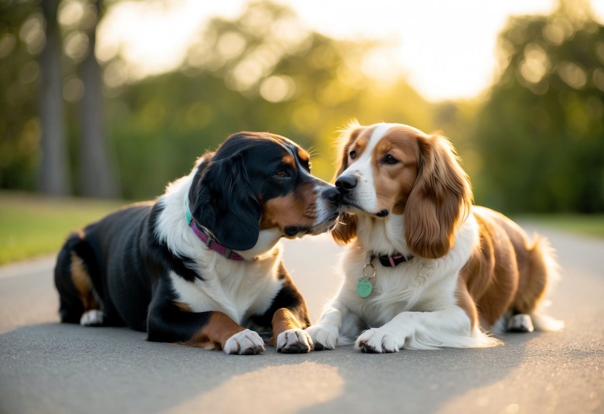 A male and female dog lie side by side, the male nuzzling the female affectionately