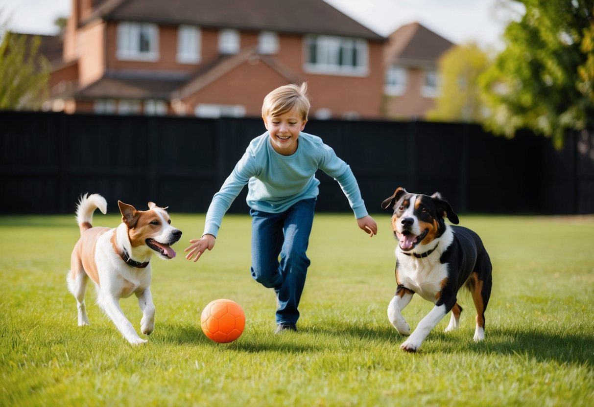A 12-year-old child playing fetch with a friendly dog in a spacious backyard, both with big smiles on their faces