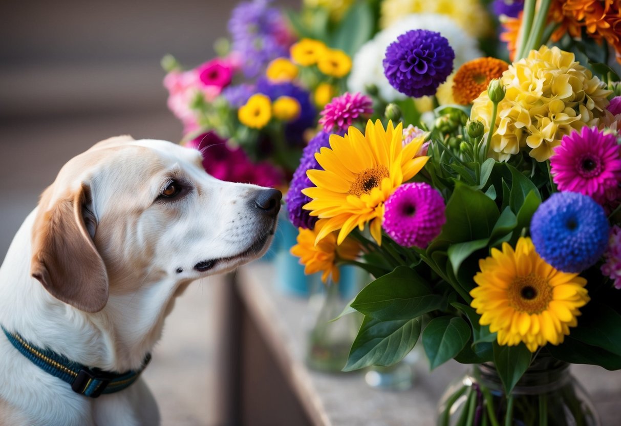 A dog sniffing a colorful bouquet of flowers, unable to distinguish the different hues