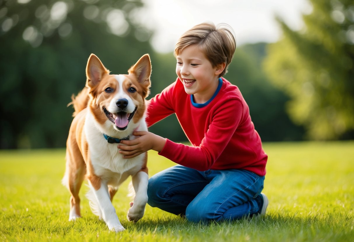 A joyful 12-year-old plays with a friendly and energetic dog breed known for its suitability for kids