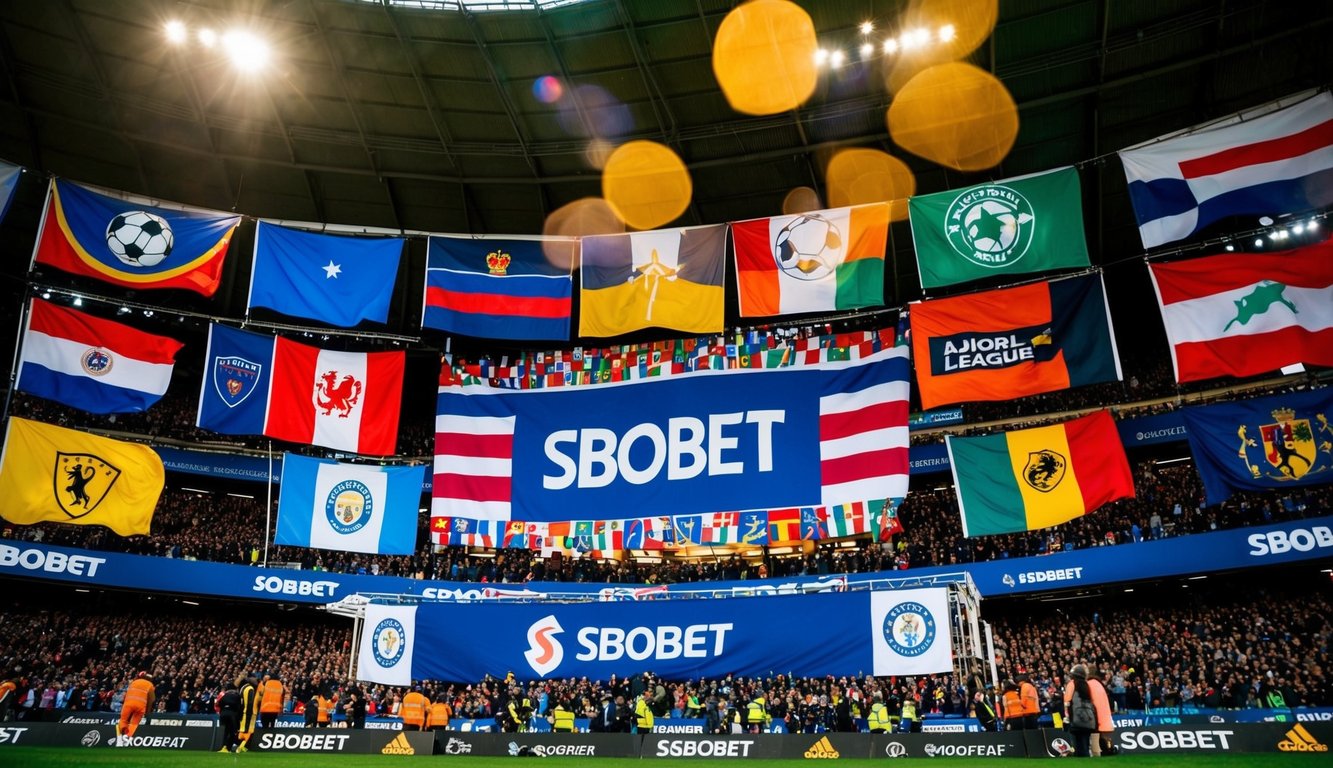 Sebuah stadion yang ramai dengan bendera dari liga-liga dunia utama dan spanduk Sbobet yang ditampilkan secara mencolok