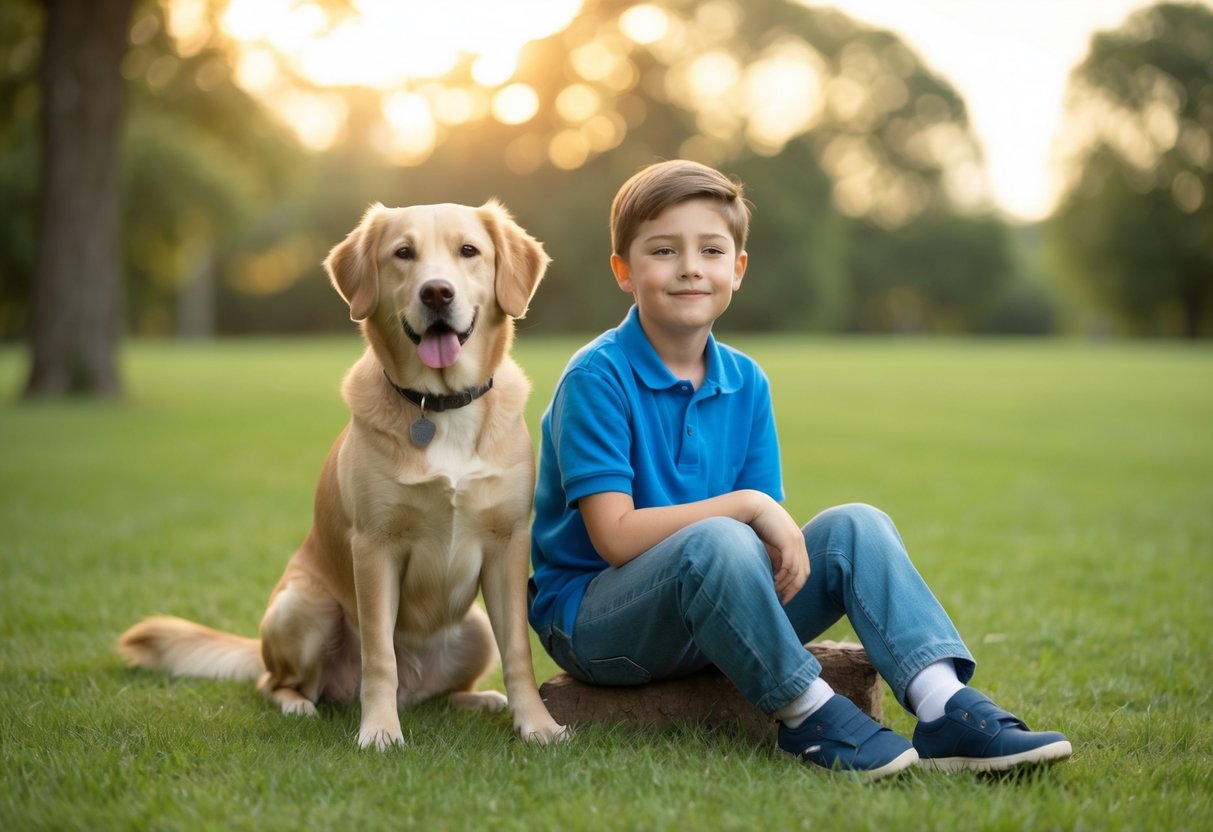 A calm, friendly dog sits beside a 12-year-old child, both looking content and relaxed in each other's company