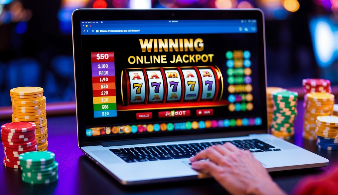 Sebuah adegan kasino online yang berwarna-warni dan hidup dengan jackpot kemenangan yang ditampilkan di layar