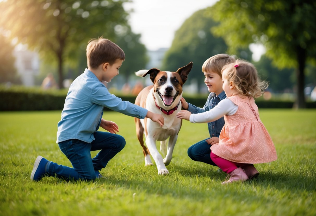A happy dog playing with children in a grassy park