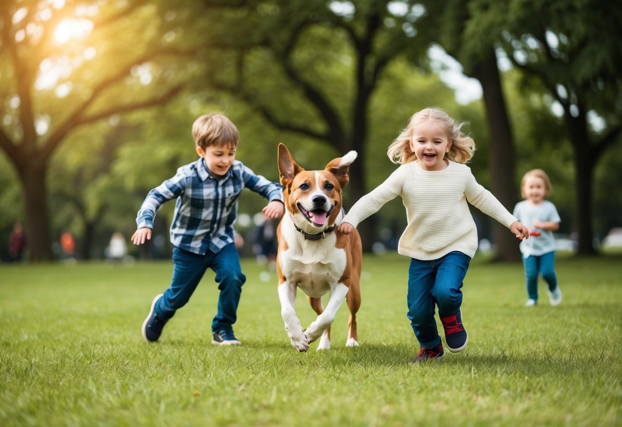 A happy dog playing with children in a park