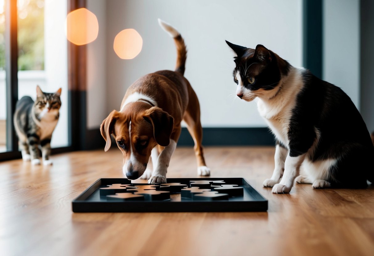 A dog solving a puzzle while a cat watches from a distance