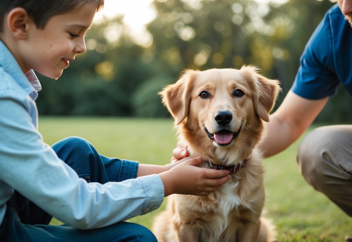 A child gently petting a calm dog while an adult supervises