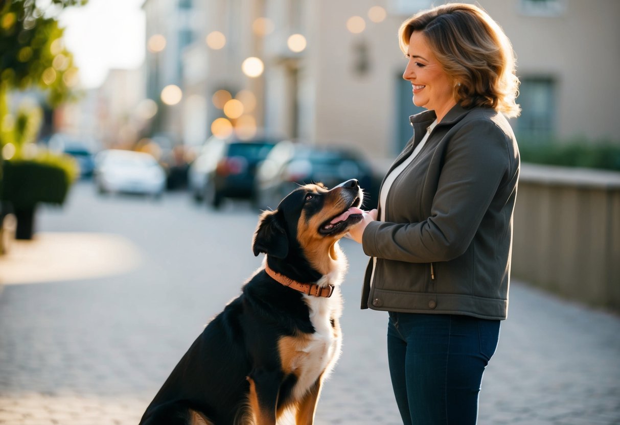A female dog stands faithfully by her owner's side, gazing up at them with adoring eyes
