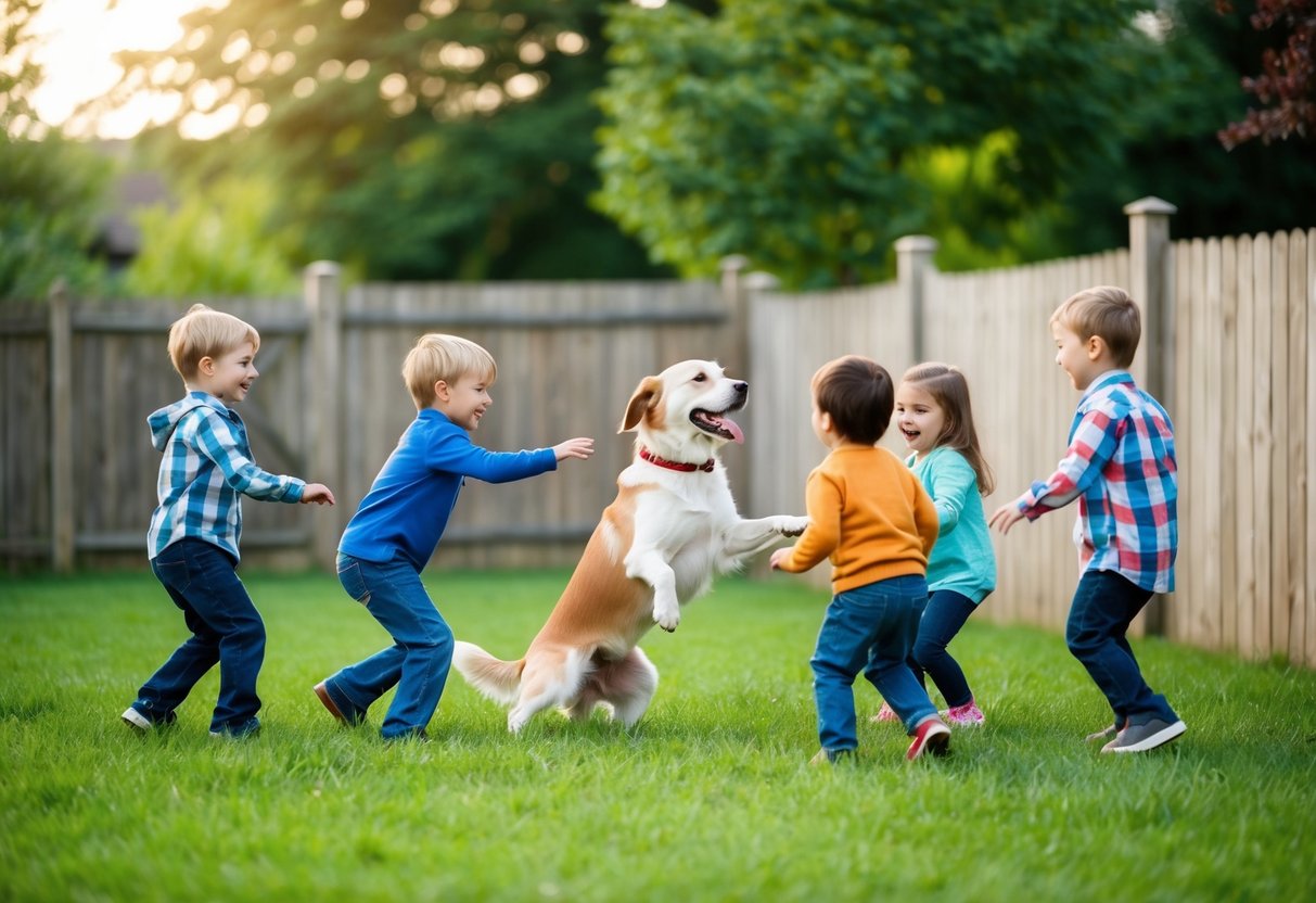 A playful dog interacts happily with a group of young children in a fenced backyard