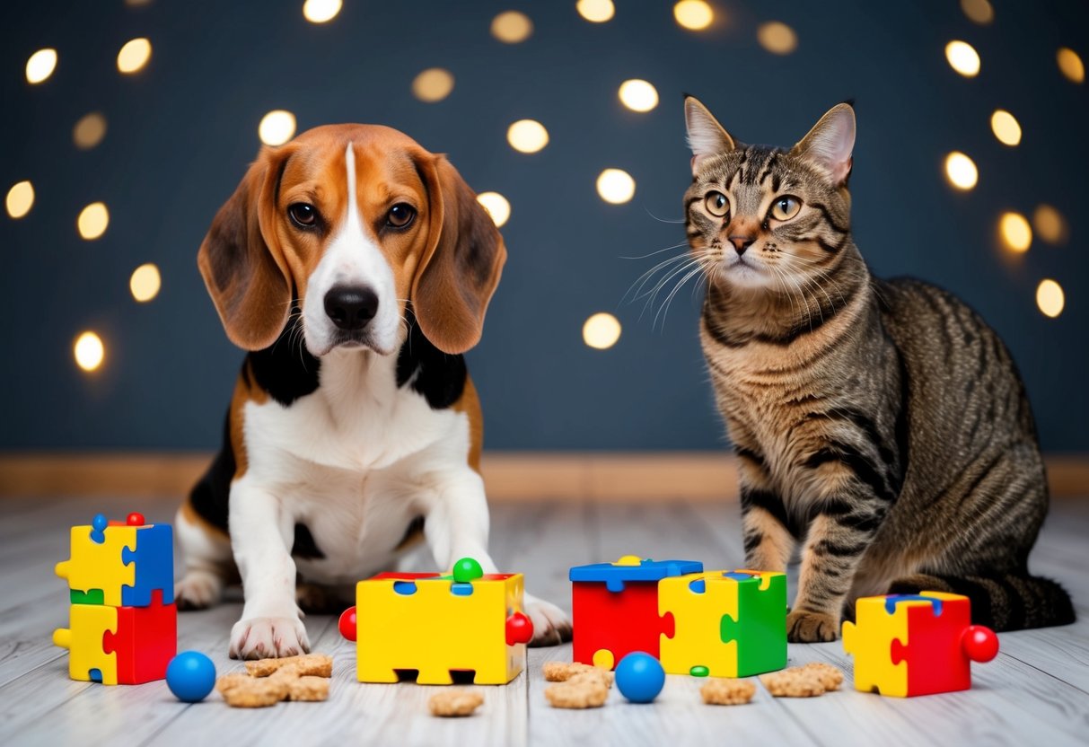 A beagle and a tabby cat sit side by side, surrounded by puzzle toys and treats. The beagle confidently solves the puzzles, while the cat watches with a skeptical expression