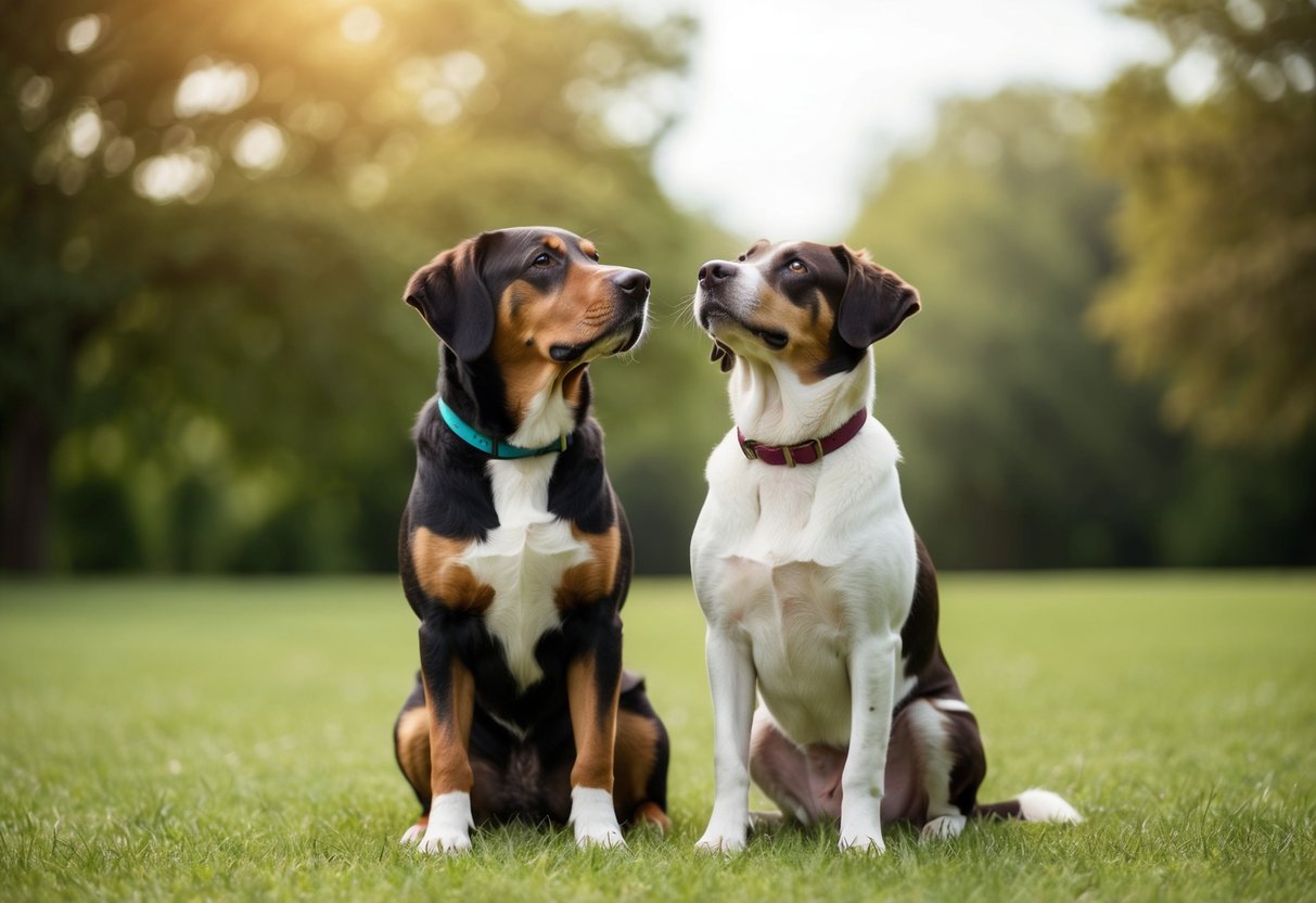 A male and female dog sitting side by side, both looking up at their owner with attentive and loving expressions