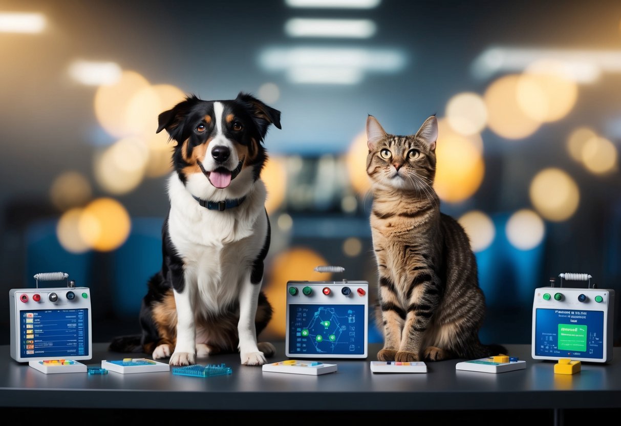 Two animals, a dog and a cat, sitting side by side, surrounded by various cognitive and behavioral testing equipment