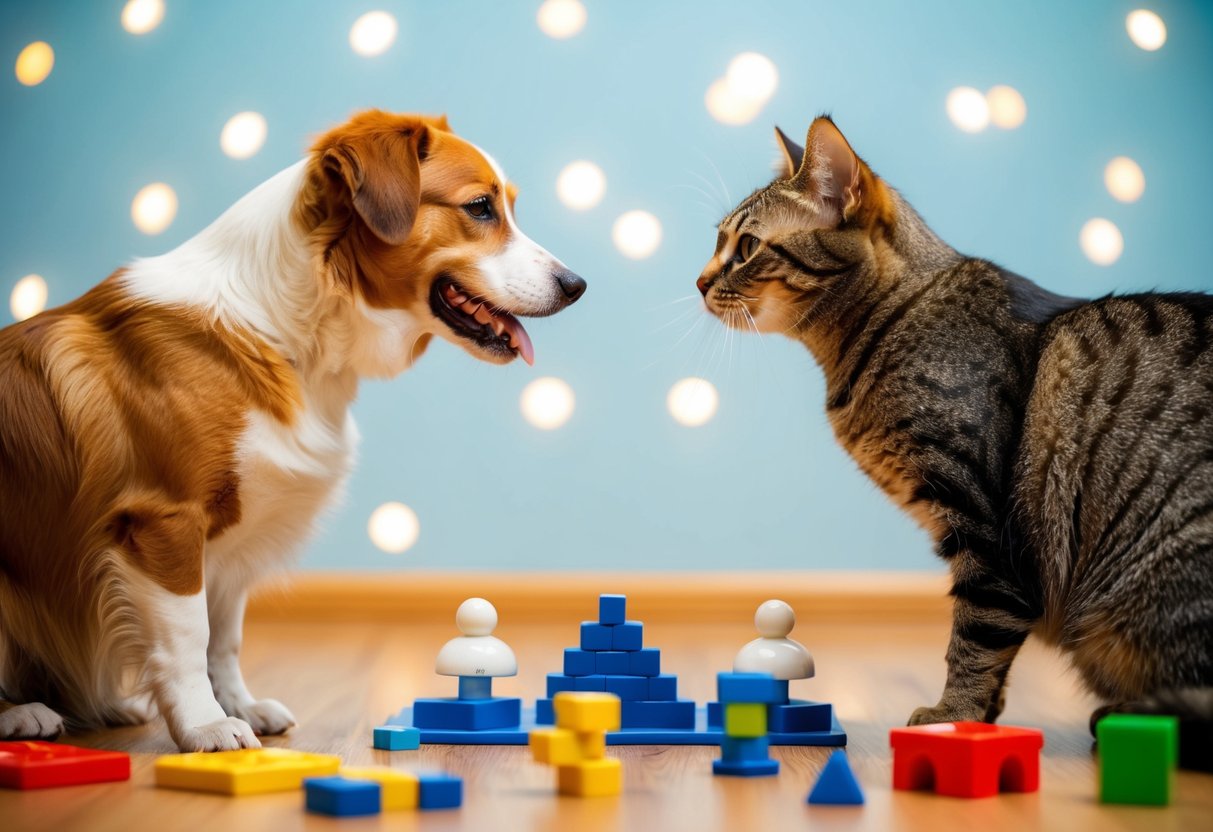A dog and a cat facing each other, surrounded by various objects to test their intelligence, such as puzzles and toys