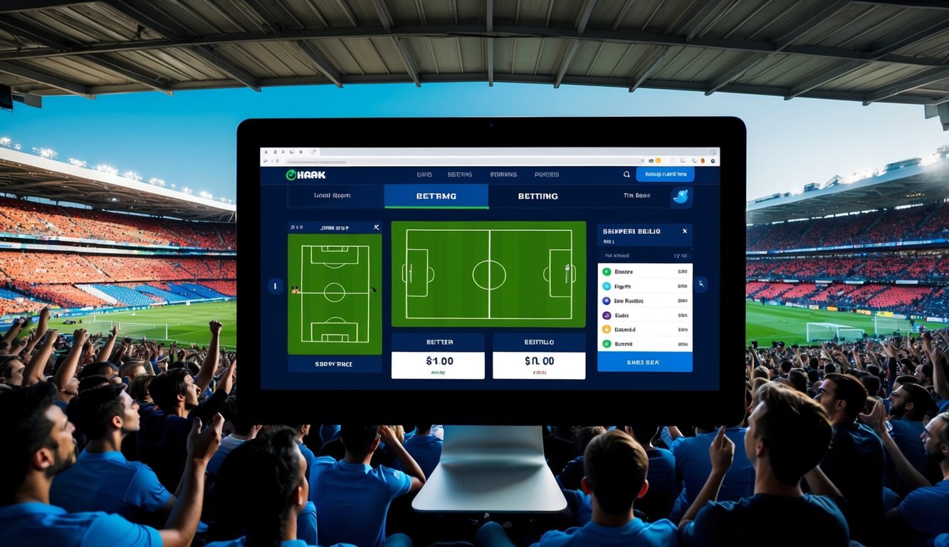 Sebuah stadion olahraga yang ramai dengan penggemar bersorak, sementara antarmuka digital menampilkan opsi taruhan langsung untuk situs taruhan sepak bola yang tepercaya.