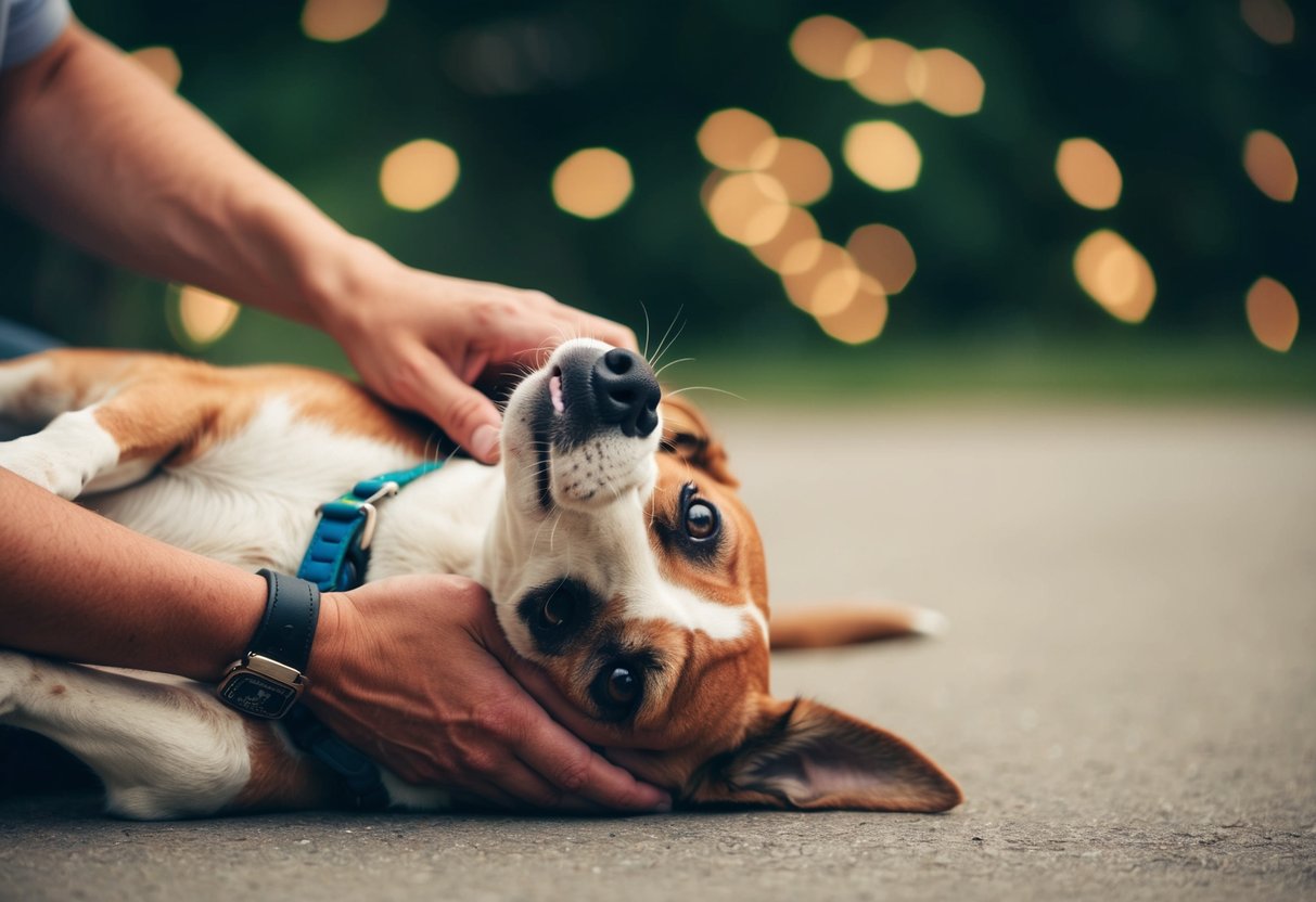 A female dog lies by her owner's side, gazing up at them with adoring eyes. The owner's hand rests on the dog's head, showing a strong bond of loyalty between them