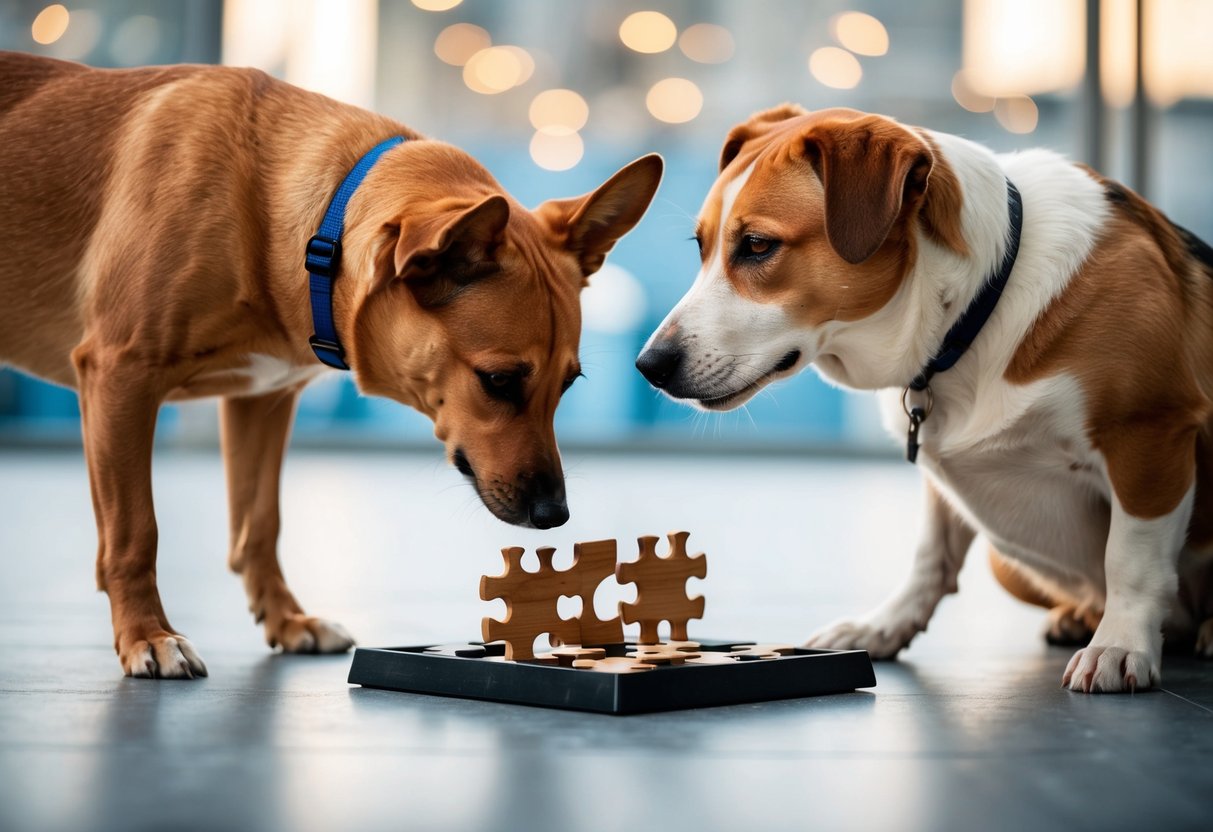 A female dog confidently solves a puzzle while a male dog looks on, puzzled