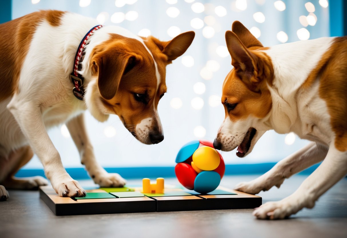 A female dog solving a puzzle while a male dog plays with a toy